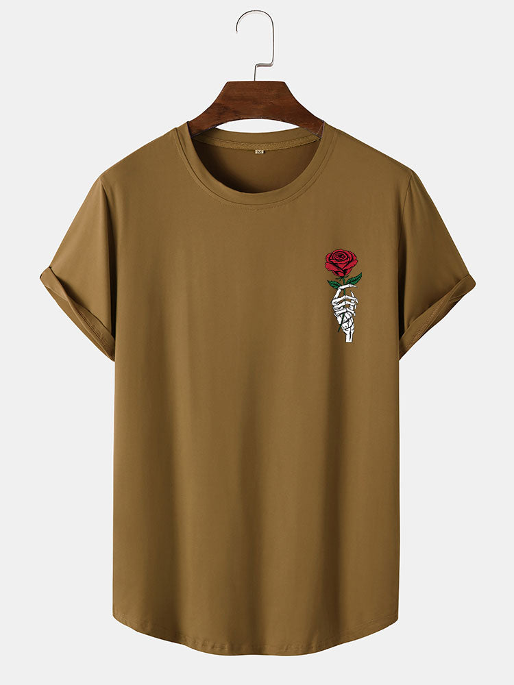 Rose Skull Hand Print Arc Hem T-Shirt