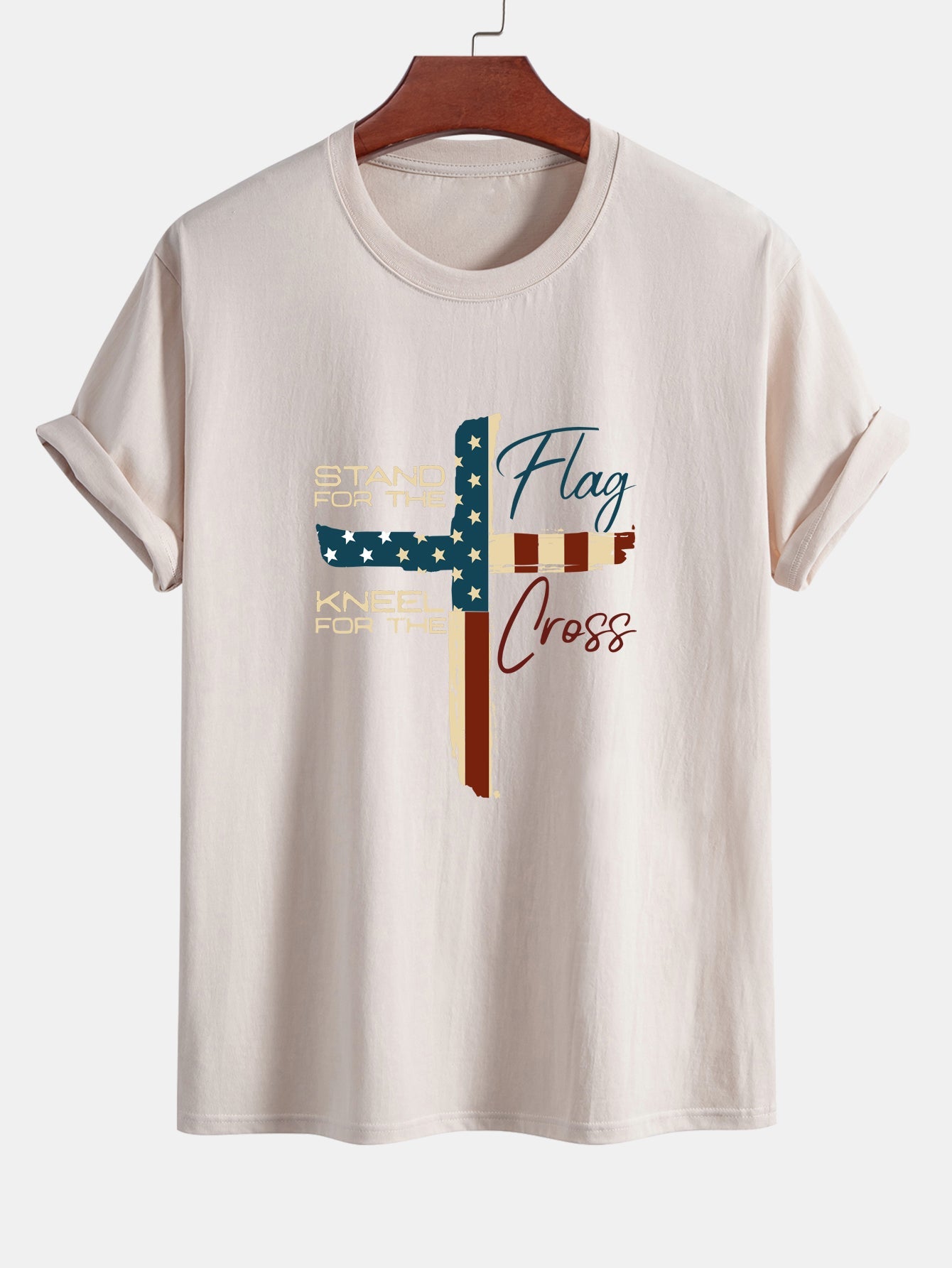 Regular Fit Retro American Flag Cross Print Cotton T-Shirt