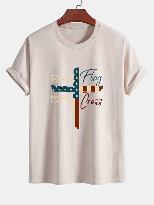 Regular Fit Retro American Flag Cross Print Cotton T-Shirt