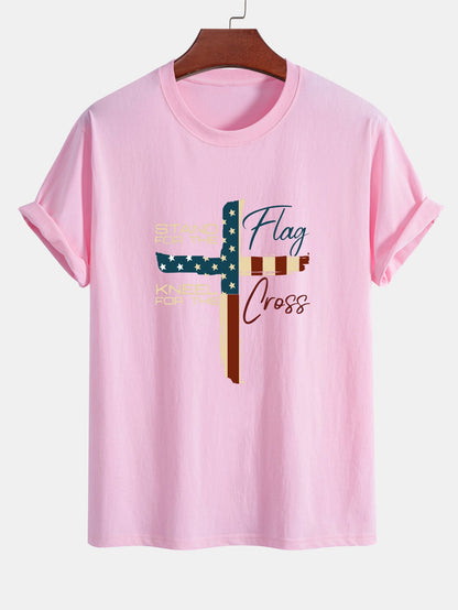 Regular Fit Retro American Flag Cross Print Cotton T-Shirt
