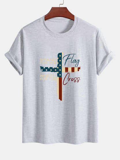 Regular Fit Retro American Flag Cross Print Cotton T-Shirt