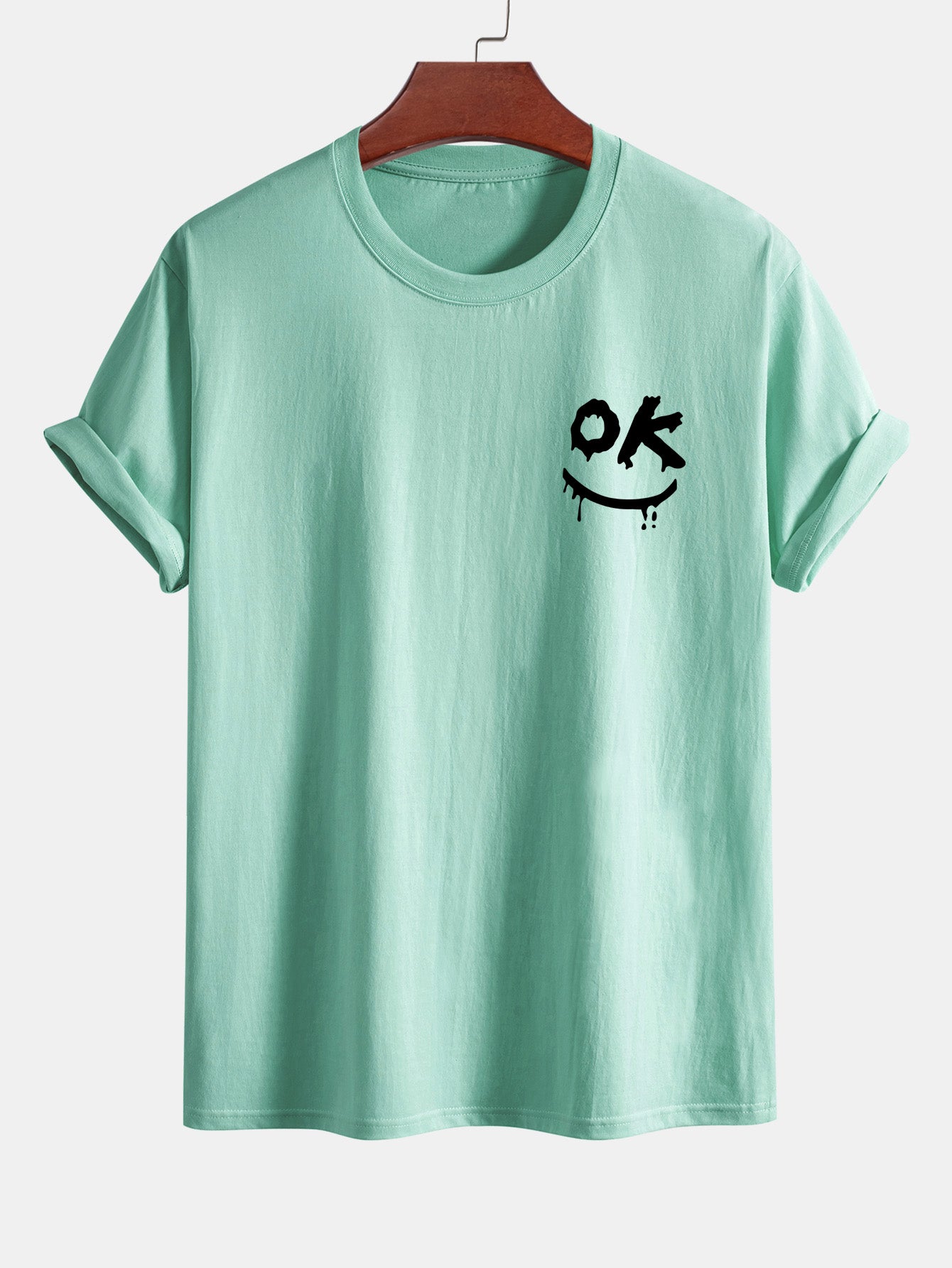 Regular Fit OK Smiley Face Print Cotton T-Shirt