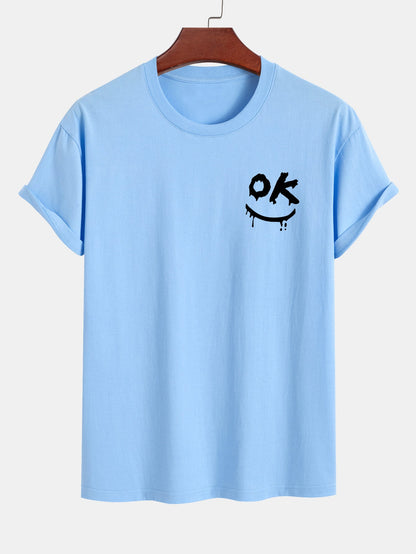 Regular Fit OK Smiley Face Print Cotton T-Shirt