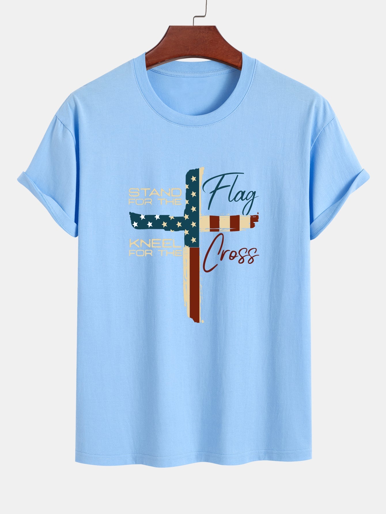 Regular Fit Retro American Flag Cross Print Cotton T-Shirt