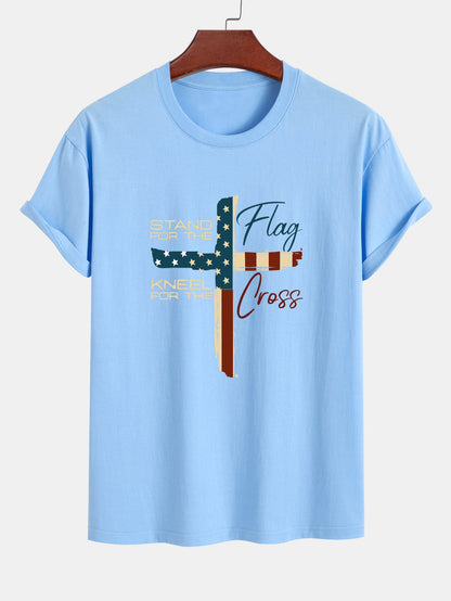 Regular Fit Retro American Flag Cross Print Cotton T-Shirt