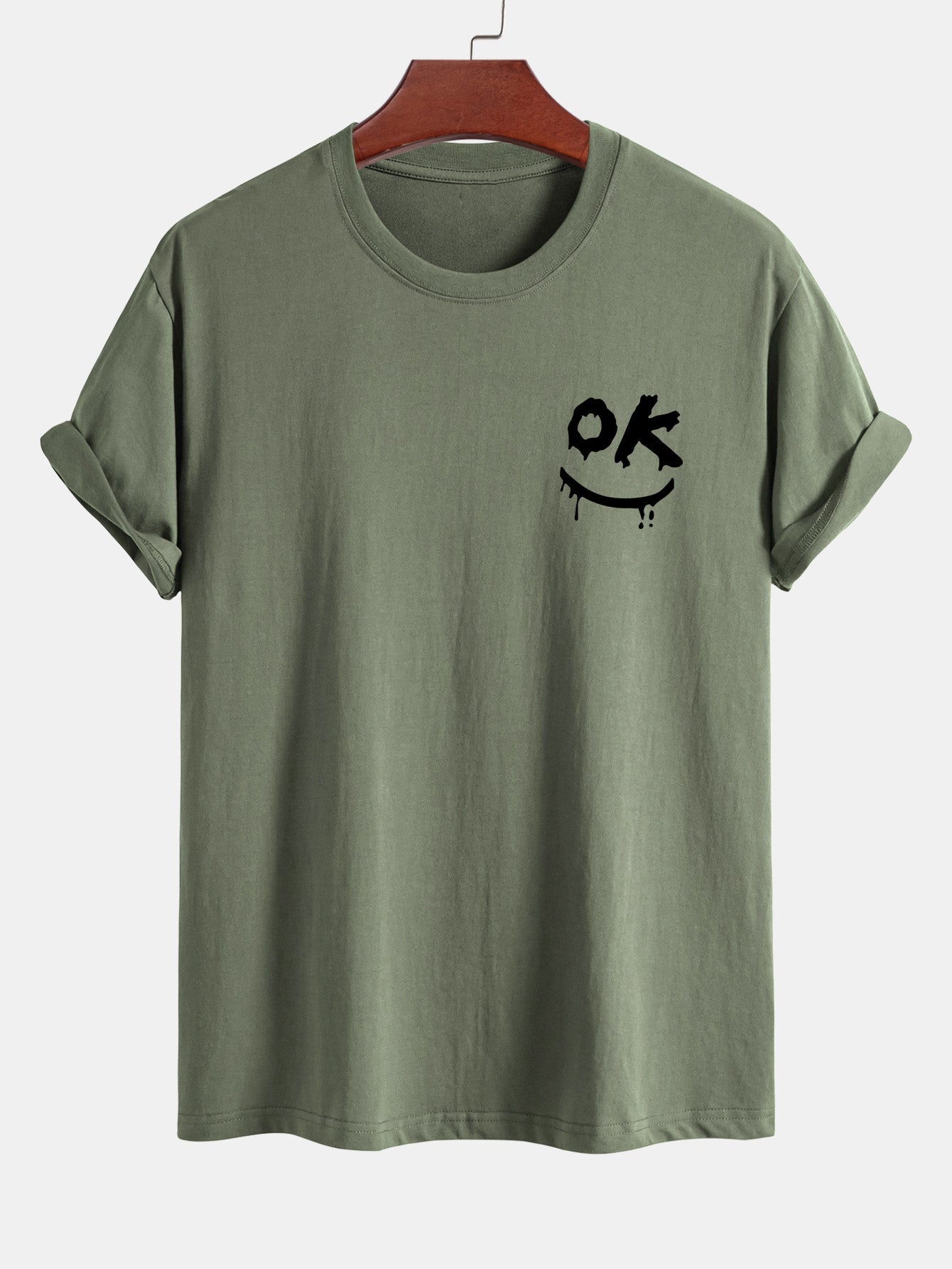 Regular Fit OK Smiley Face Print Cotton T-Shirt