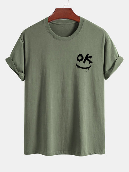 Regular Fit OK Smiley Face Print Cotton T-Shirt