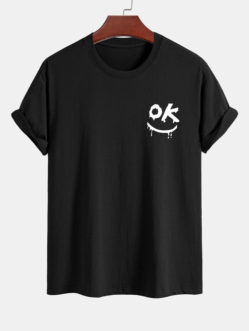 Regular Fit OK Smiley Face Print Cotton T-Shirt