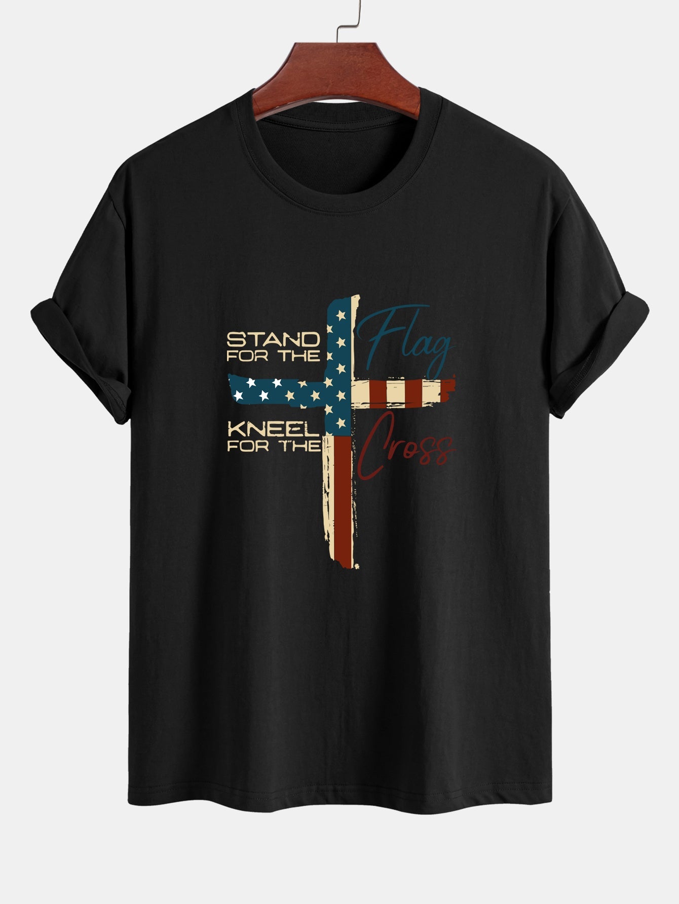 Regular Fit Retro American Flag Cross Print Cotton T-Shirt