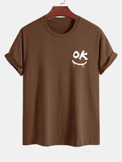 Regular Fit OK Smiley Face Print Cotton T-Shirt