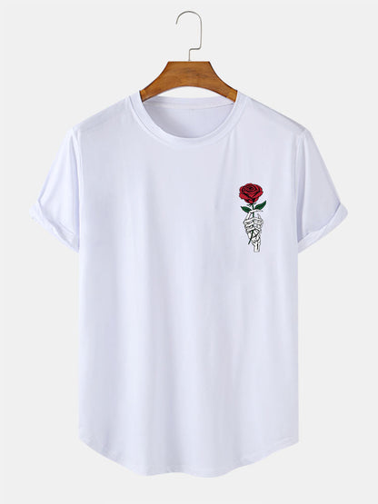 Rose Skull Hand Print Arc Hem T-Shirt