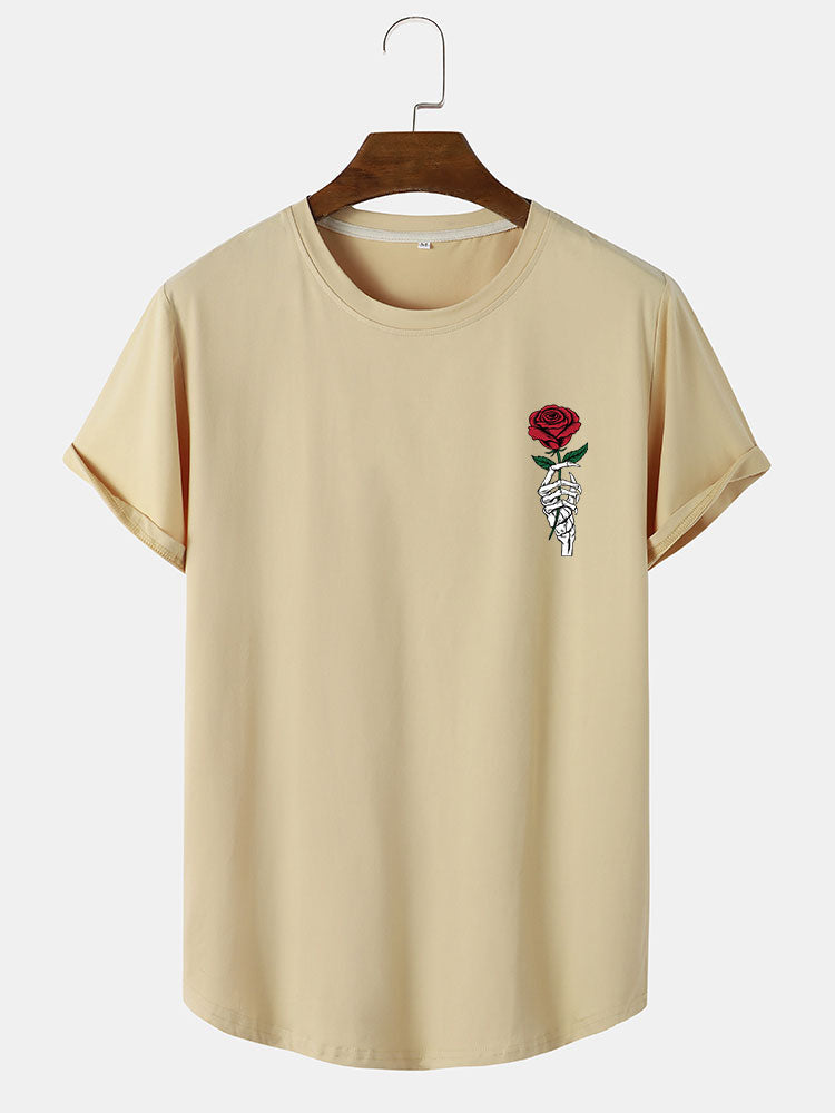 Rose Skull Hand Print Arc Hem T-Shirt