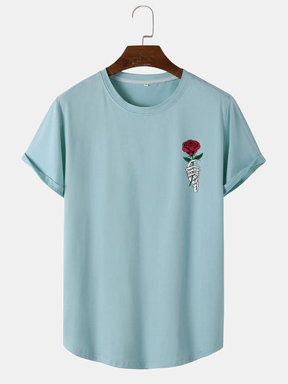 Rose Skull Hand Print Arc Hem T-Shirt