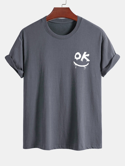 Regular Fit OK Smiley Face Print Cotton T-Shirt
