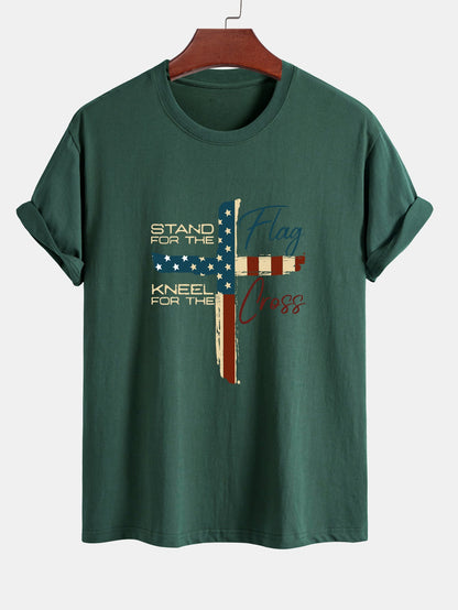 Regular Fit Retro American Flag Cross Print Cotton T-Shirt
